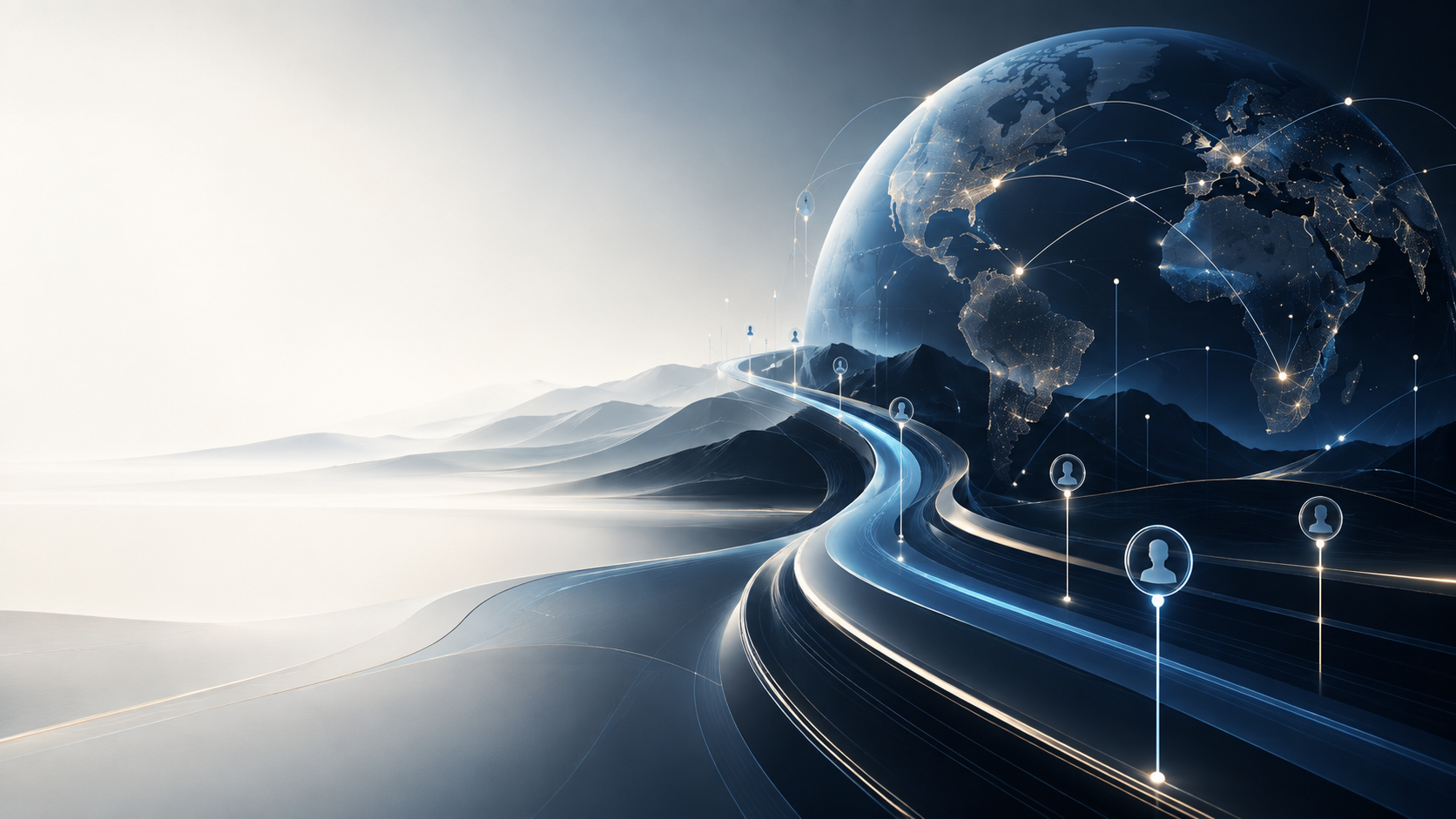 Stylized globe with a glowing network of global connections and people, symbolizing worldwide AI opportunity pathways